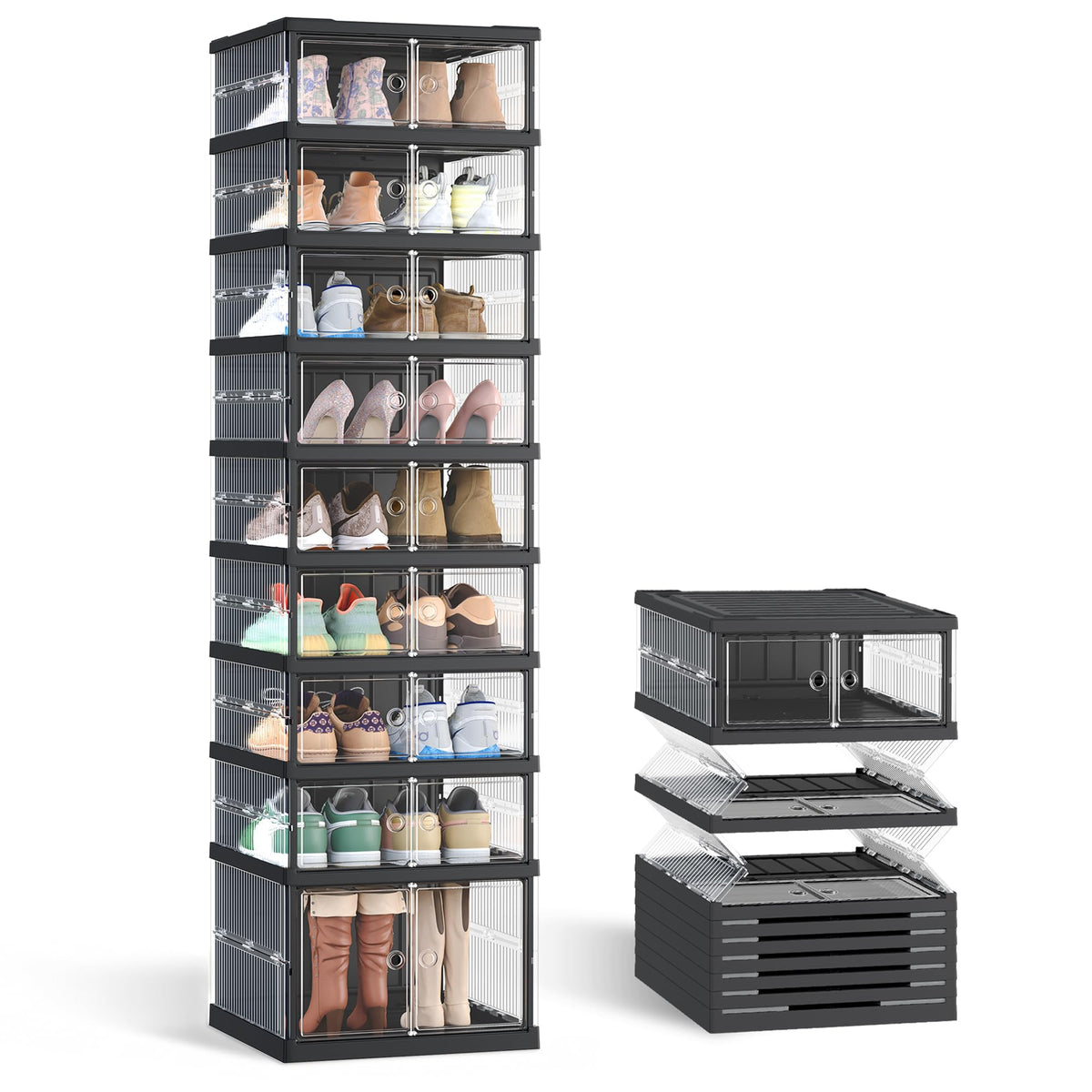 SONGMICS foldable shoe storage assembly demonstrates tool-free setup.