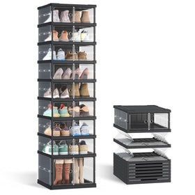 SONGMICS foldable shoe storage assembly demonstrates tool-free setup.