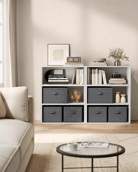 SONGMICS foldable storage boxes fold flat for compact storage when not in use.