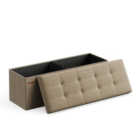 SONGMICS folding storage ottoman bench being assembled for quick setup and seating.