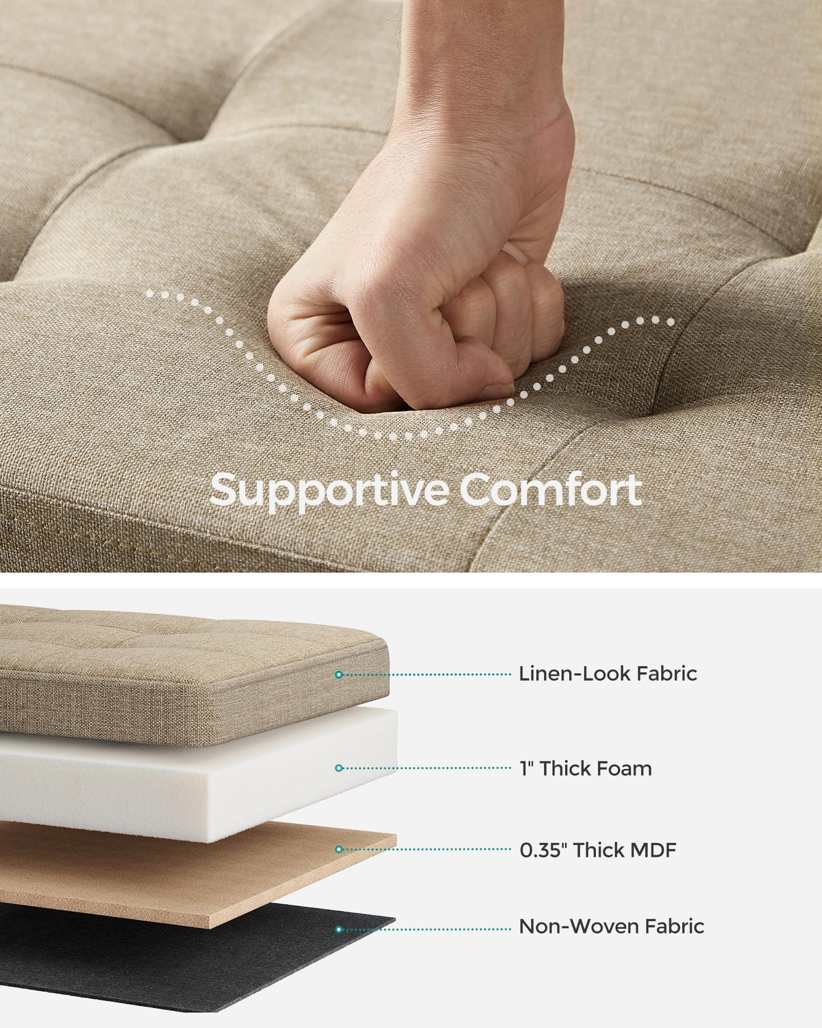 SONGMICS storage ottoman showcasing its 43-inch width and compact footprint for planning space.