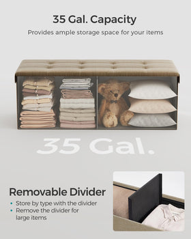 SONGMICS ottoman with removable divider organizing books and blankets neatly.