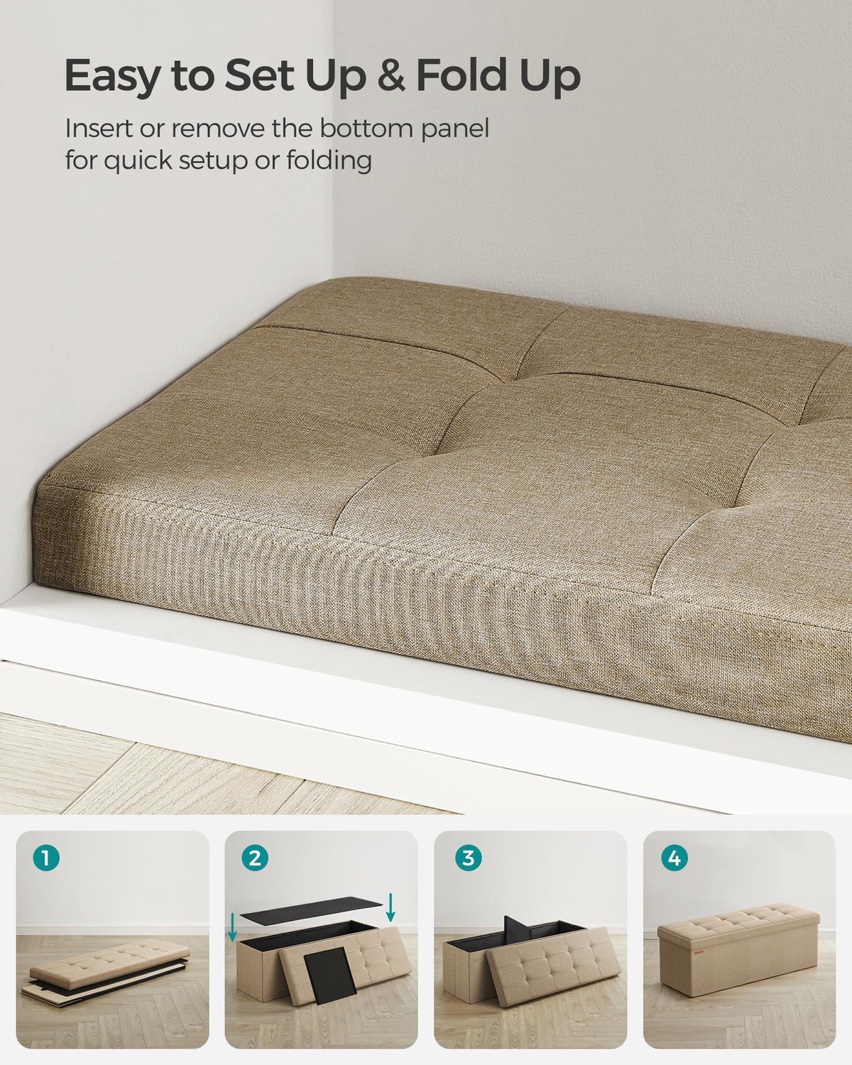 SONGMICS folding ottoman bench suited for living room, bedroom, entry, or dressing area.