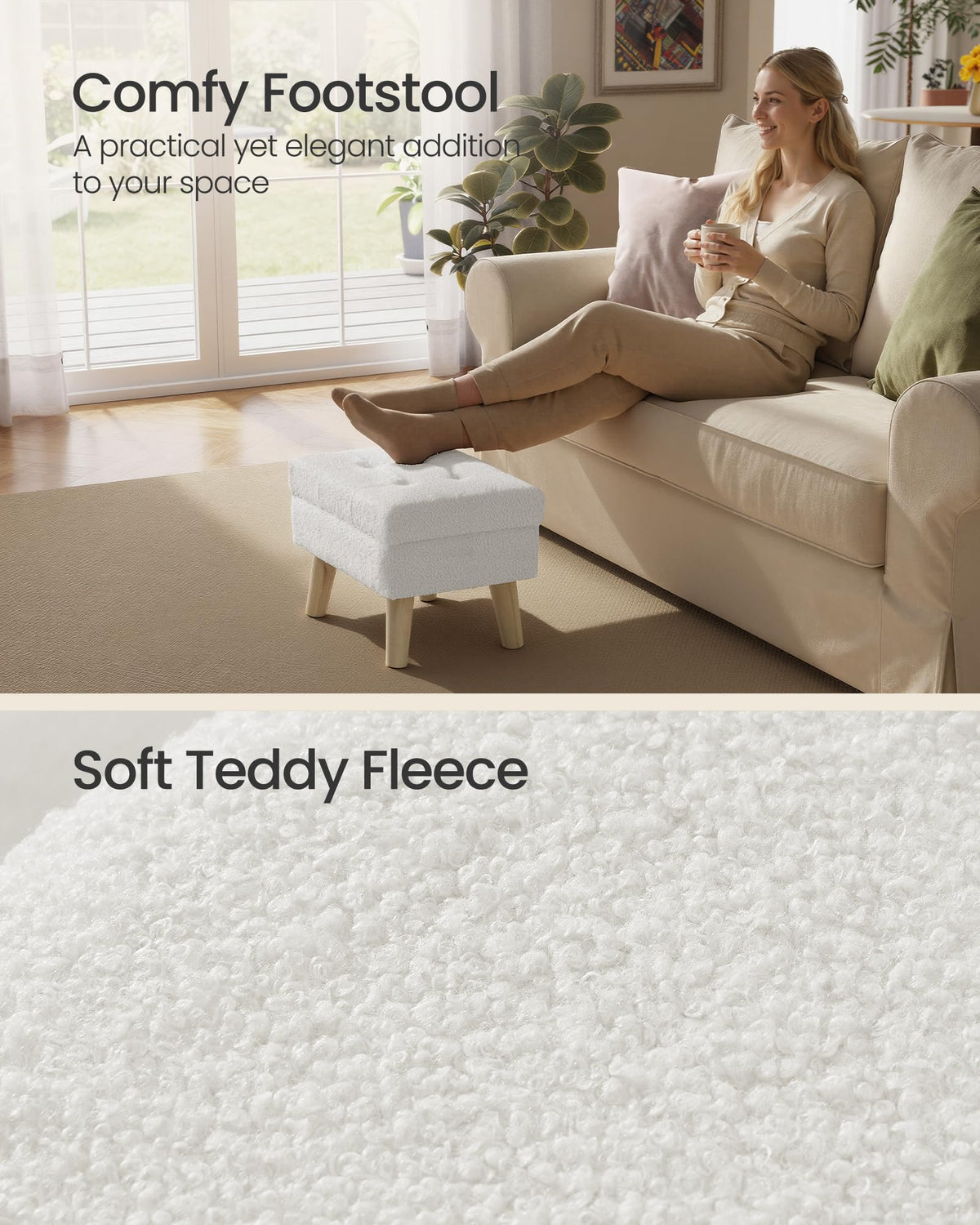SONGMICS foot rest with 2-inch foam cushion for comfortable seating.