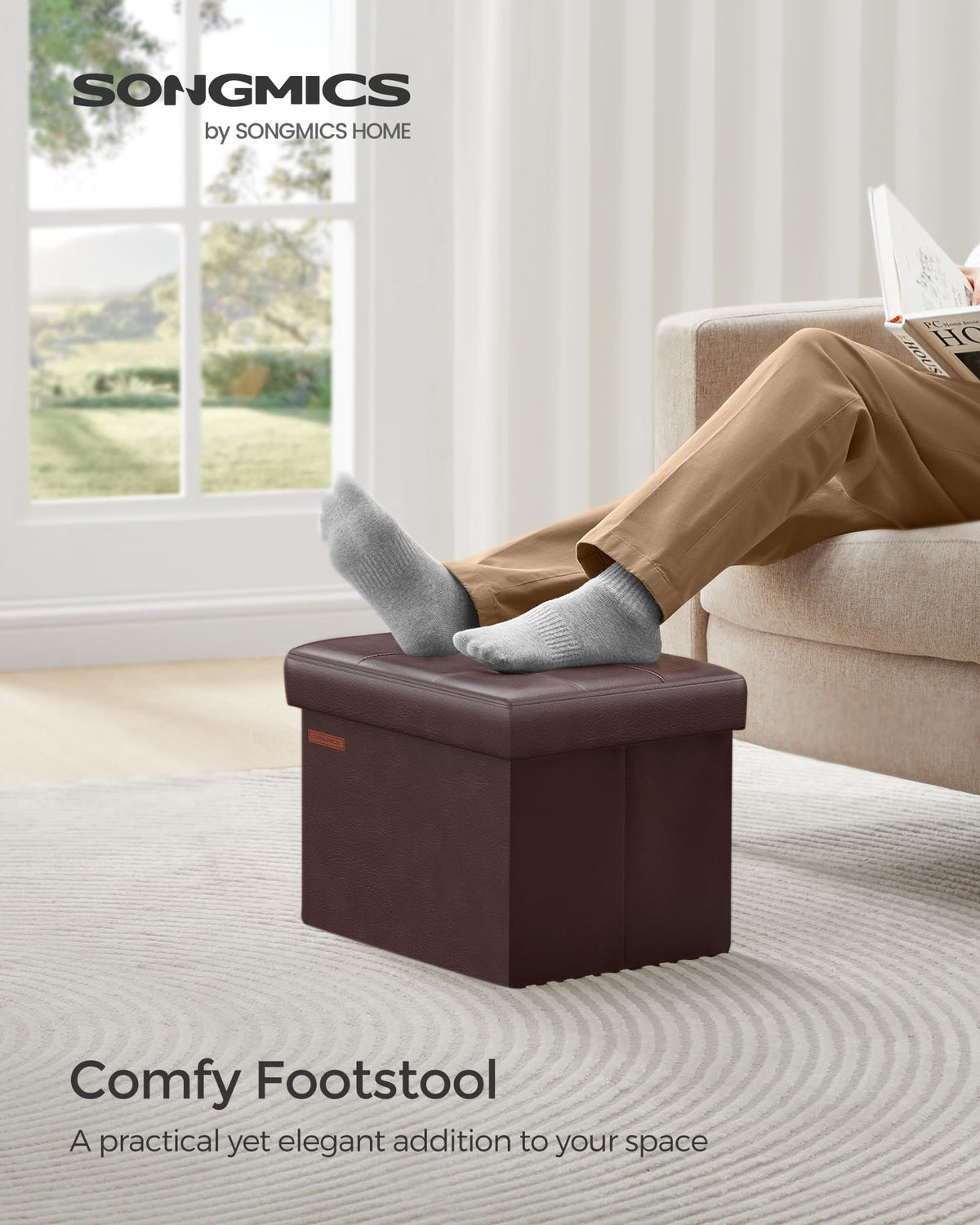Songmics foot rest stool with foam-padded top in chestnut brown for comfortable lounging.