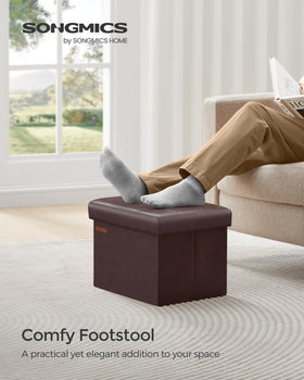 Songmics foot rest stool with foam-padded top in chestnut brown for comfortable lounging.