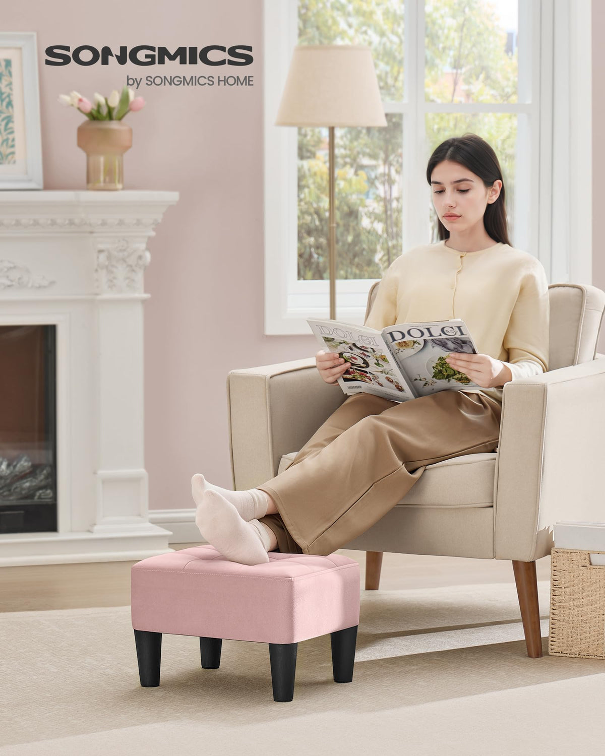 SONGMICS hidden-storage ottoman reveals a discreet compartment for small items.
