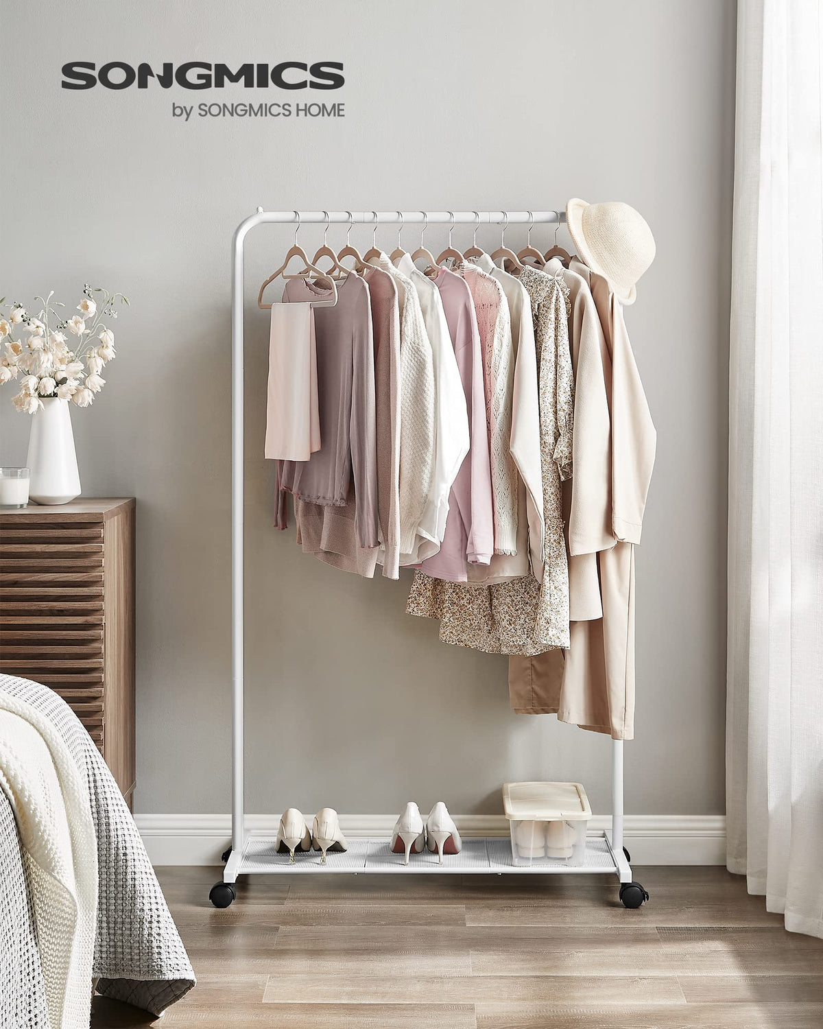 SONGMICS garment rack wheels enable easy room-to-room movement