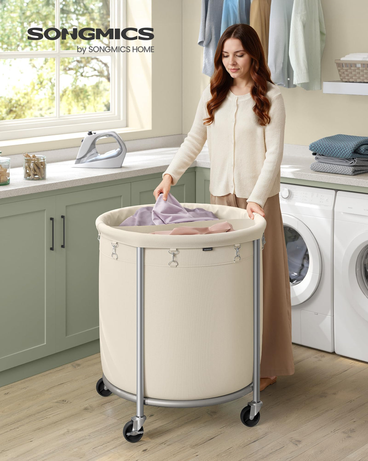 SONGMICS heavy-duty laundry cart with steel frame provides durable daily use.