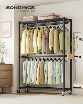 SONGMICS rack with adjustable shelves keeps folded items neatly accessible.