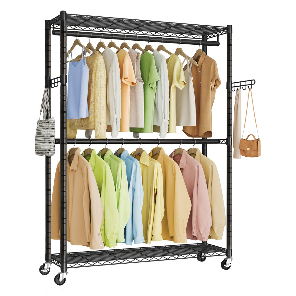 SONGMICS heavy-duty rolling clothes rack with hanging rails for organized outfits.