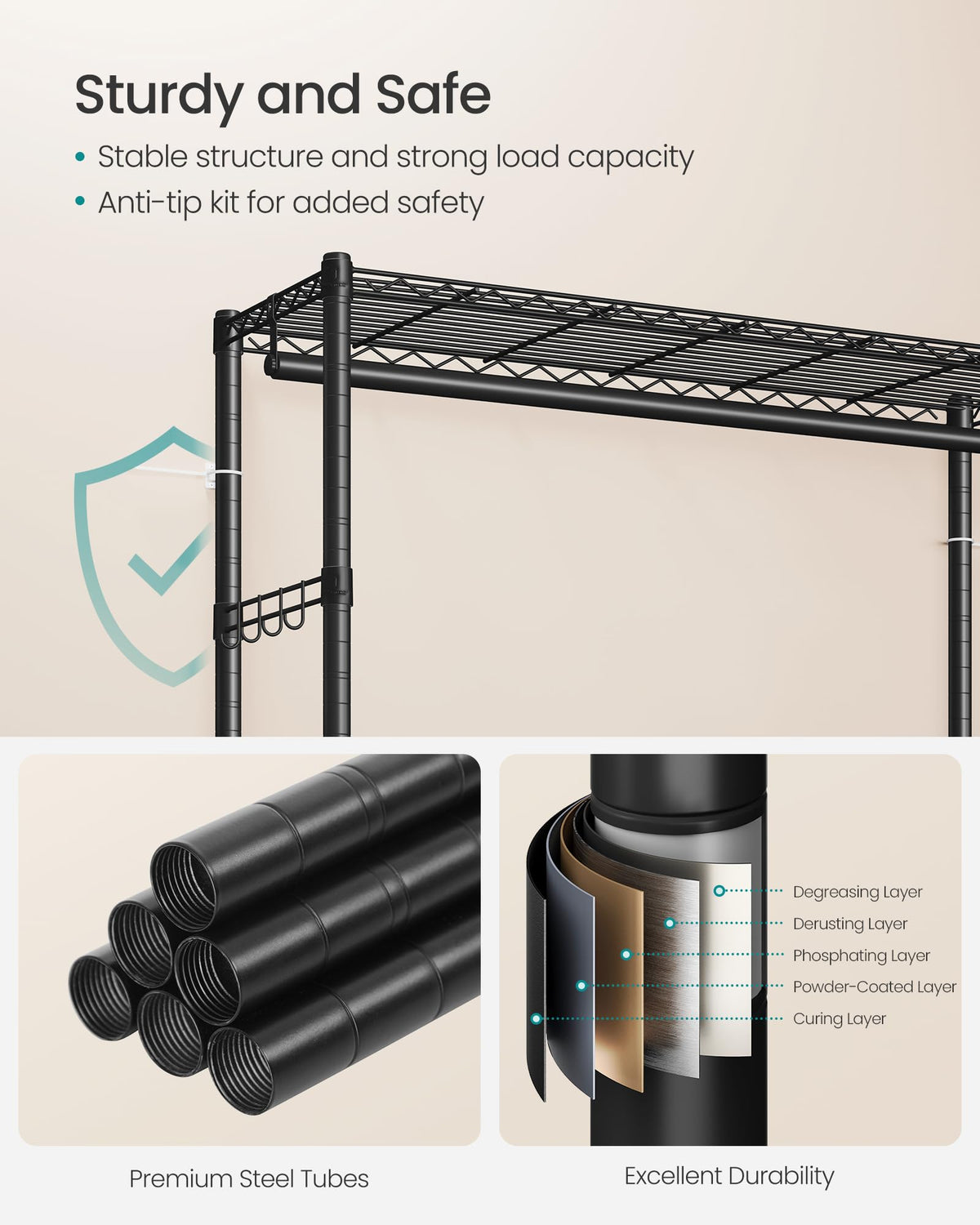 SONGMICS ink-black finish adds a sleek, room-ready look to any space.