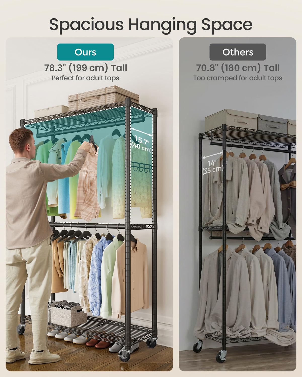Wheels and brakes on SONGMICS rack allow smooth movement and secure parking.
