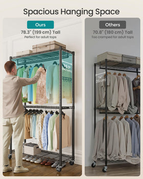 Wheels and brakes on SONGMICS rack allow smooth movement and secure parking.