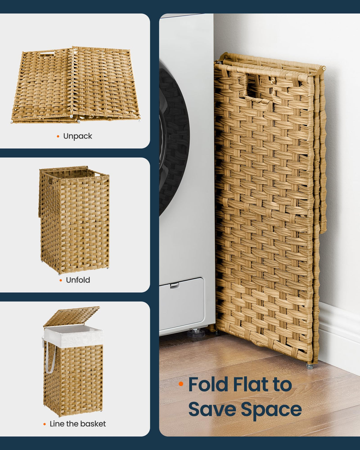 Bottom feet protect floors while stabilizing the hamper.