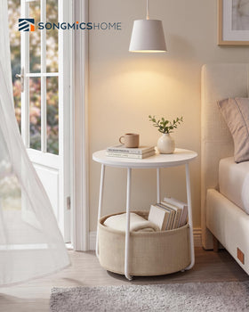 SONGMICS HOME round end table basket closeup highlighting durable fabric storage