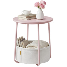SONGMICS HOME round side table with pink top and white basket for living room organization.