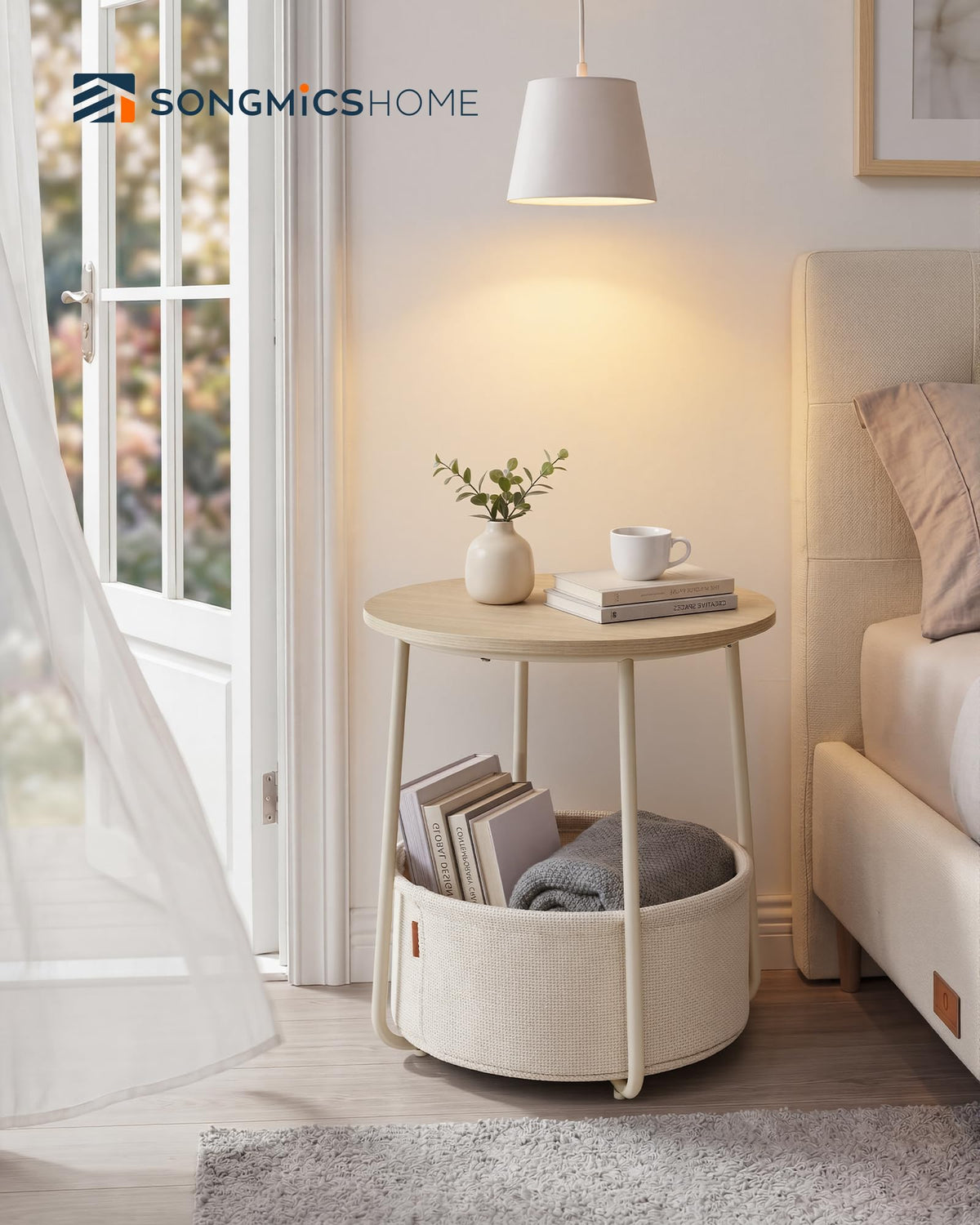 SONGMICS HOME two-tier nightstand basket closeup showing durable storage