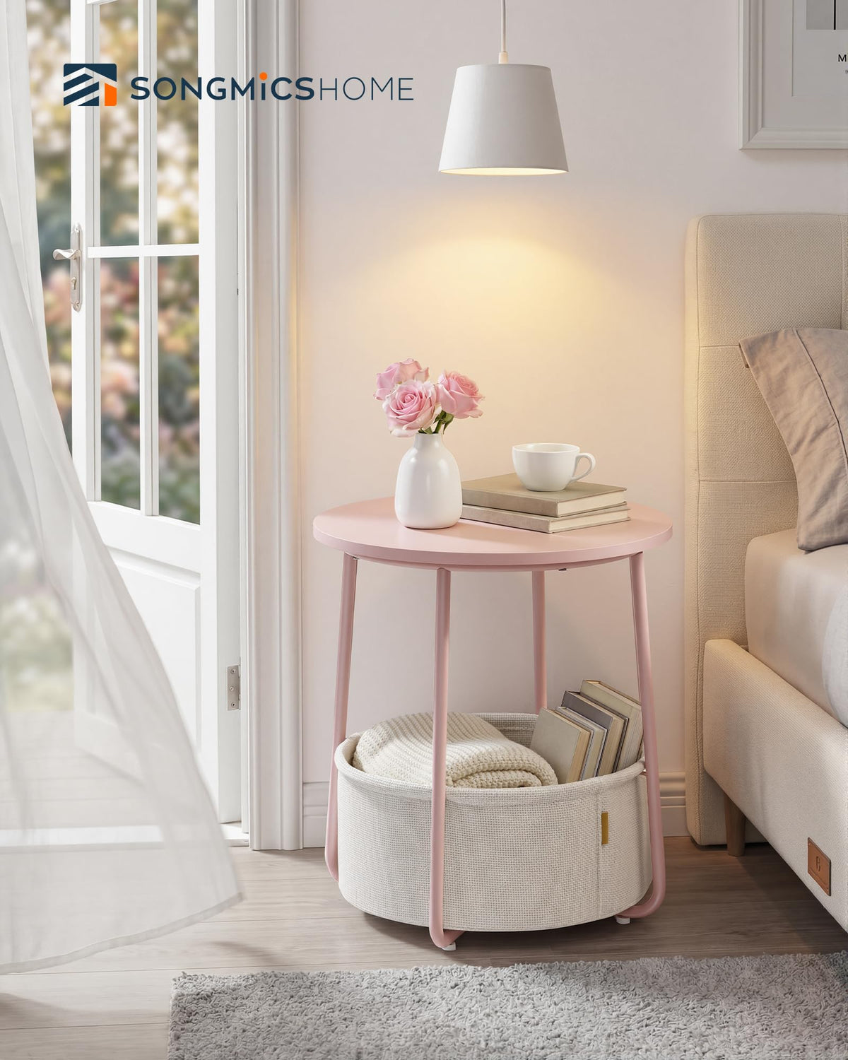 SONGMICS HOME two-tier nightstand with basket for bedside storage.