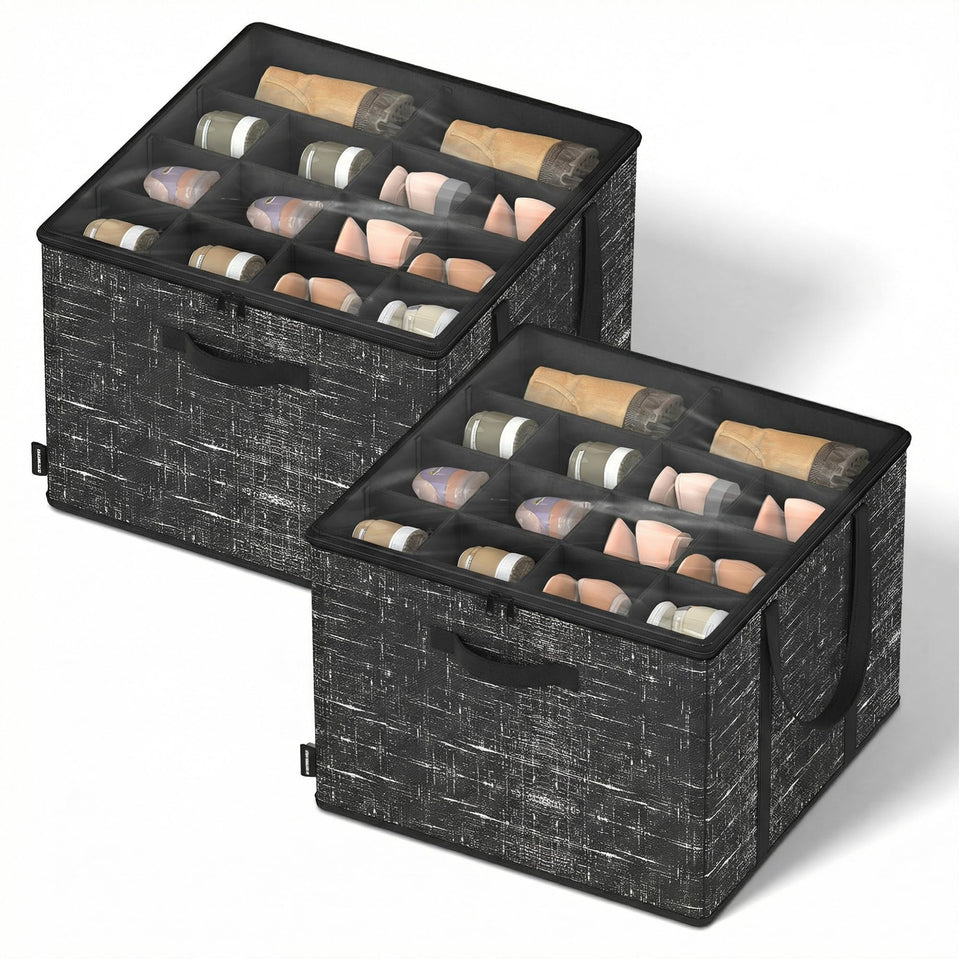 SONGMICS ink black closet shoe organizer with clear lid on a shelf keeps shoes visible