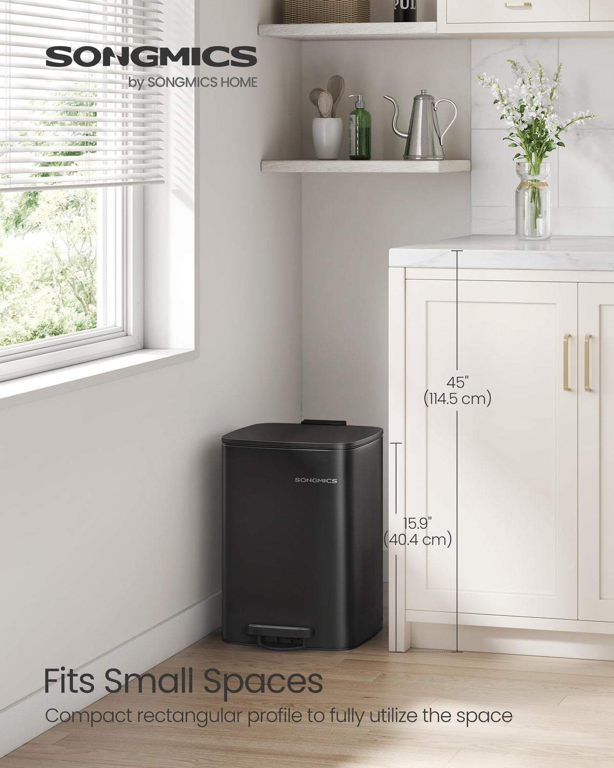 SONGMICS ink-black trash can shows a non-slip base to prevent spills.