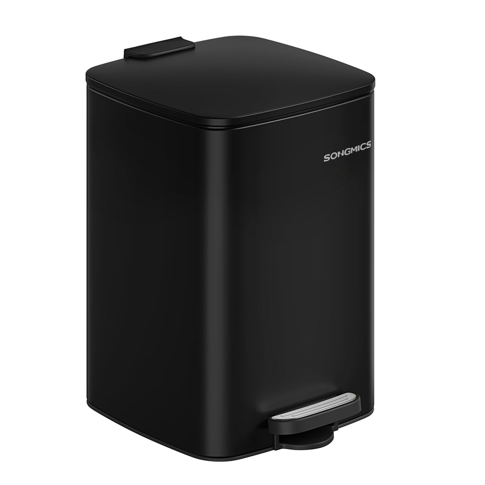 SONGMICS ink-black trash can with rectangular opening for easy waste disposal.