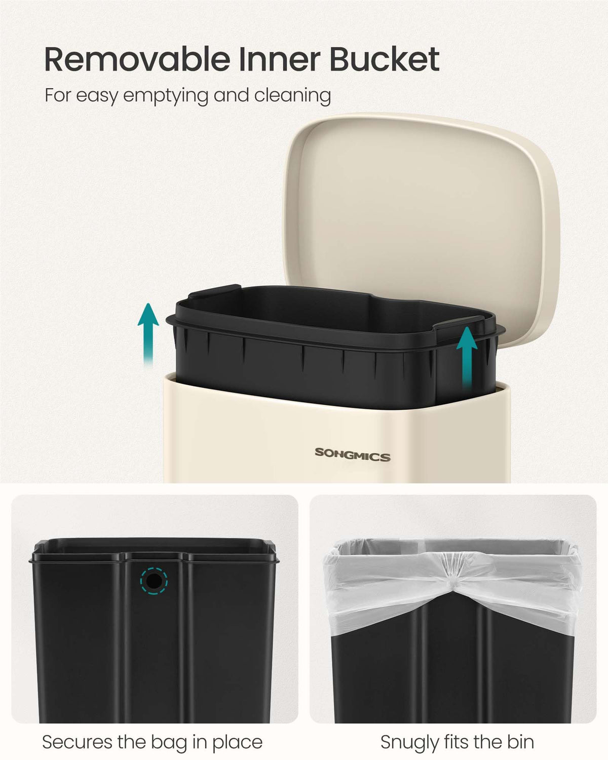 Songmics inner bucket removable for quick, mess-free bag changes.