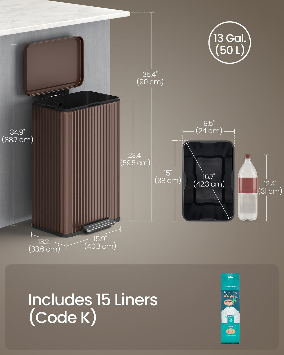SONGMICS soft-close lid minimizes noise during disposal