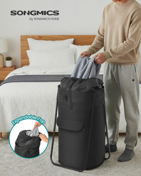 SONGMICS laundry backpack with 31.7 gallon capacity ready for a week’s laundry.