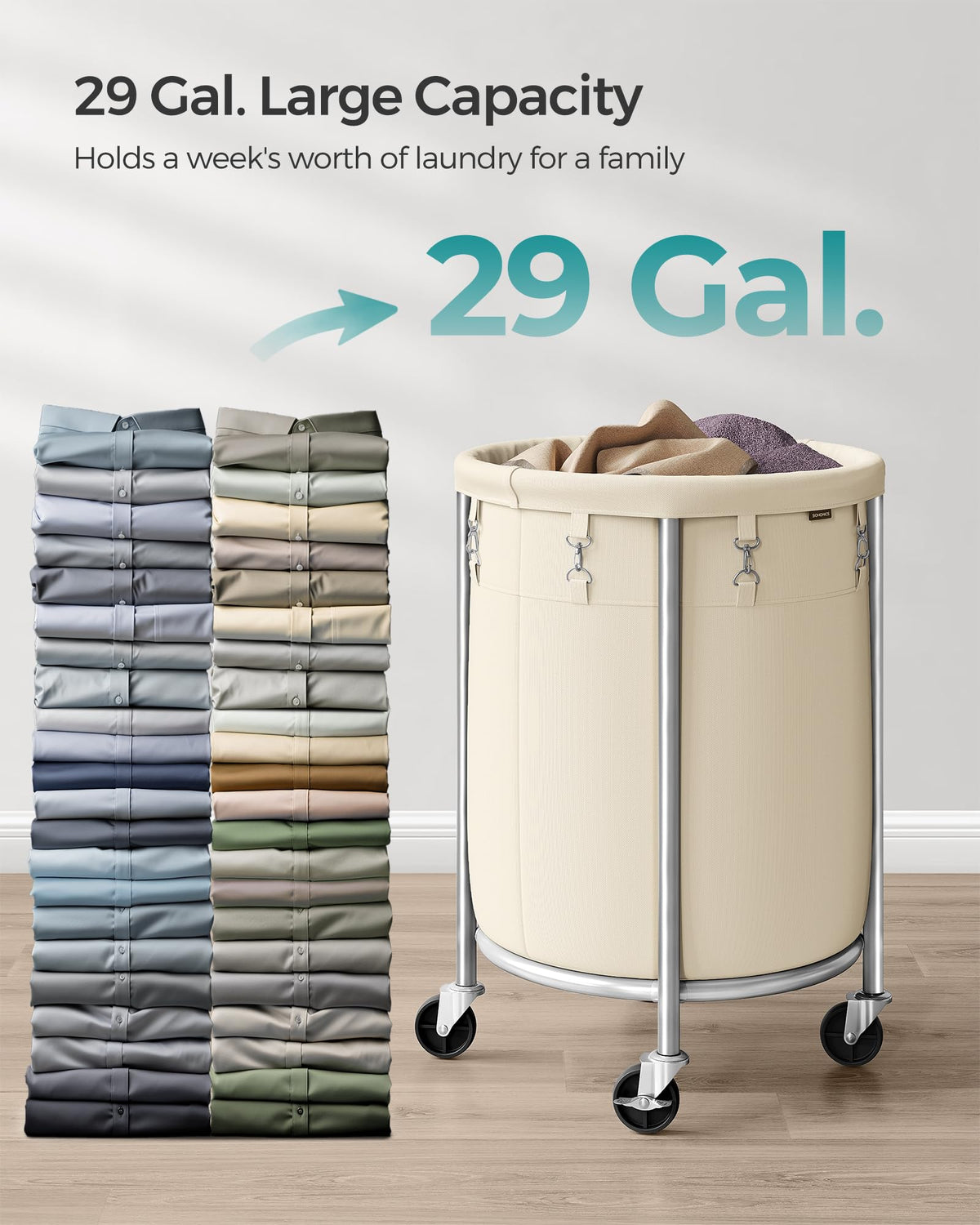 SONGMICS removable bag keeps laundry secure during transport.