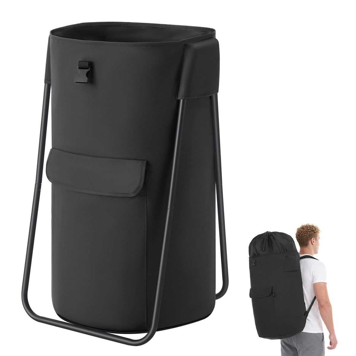 SONGMICS laundry bag with stand and extendable top for stable, hands-free loading.