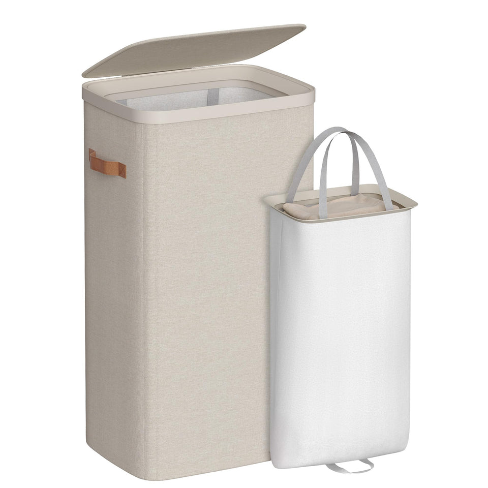 SONGMICS cappuccino beige laundry basket with lid keeps clothes dust-free and organized.