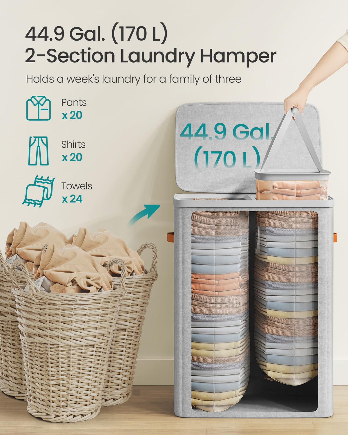Songmics lid keeps clothes dust-free and private.