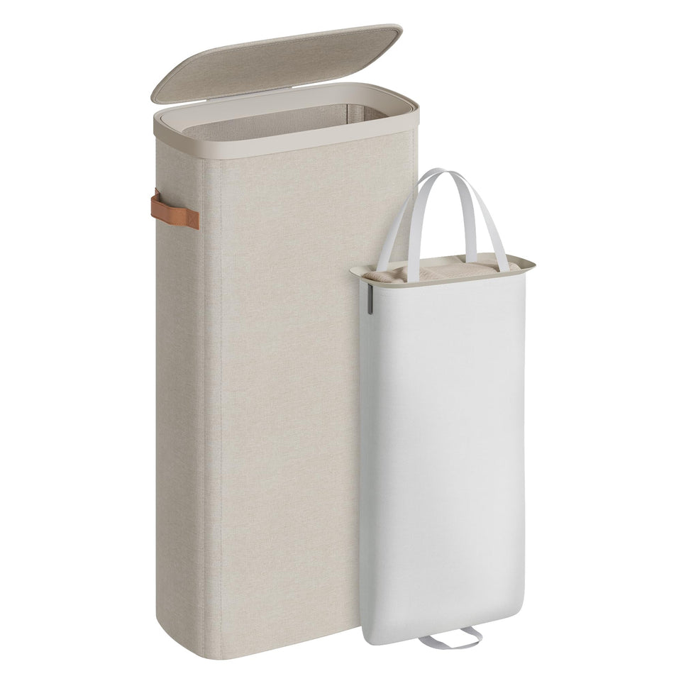 Songmics laundry basket lid shown protecting clothes from dust