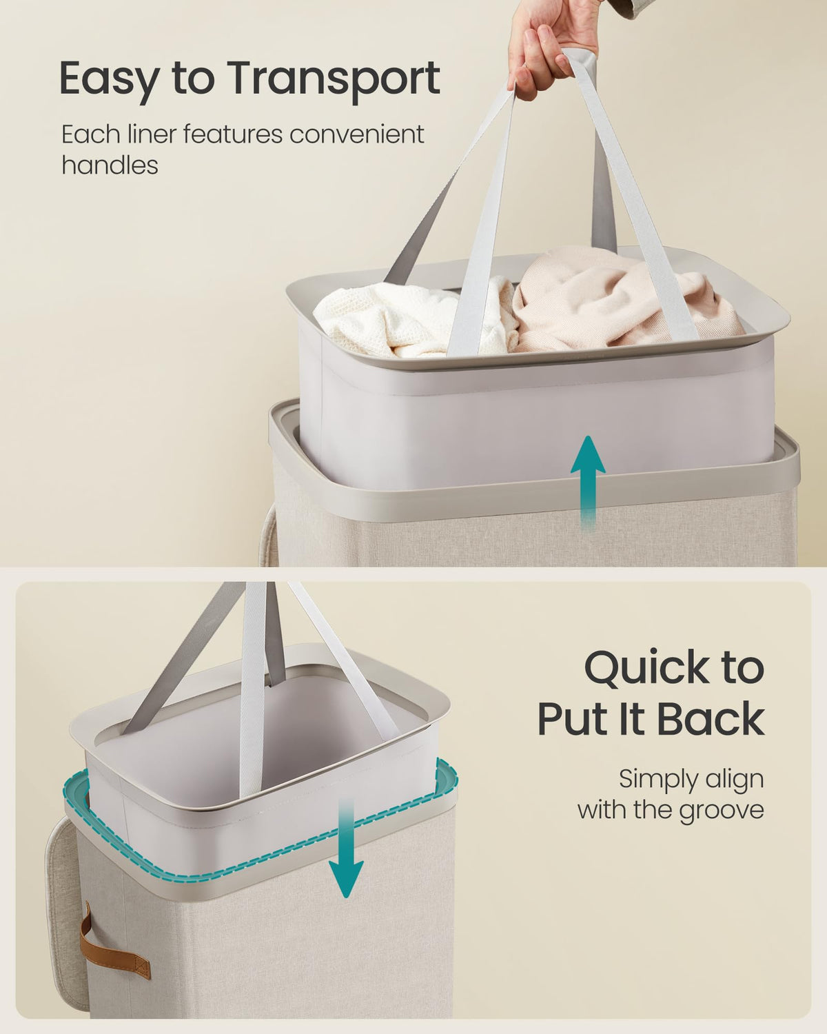 SONGMICS basket with front and bottom handles simplifies transport between rooms.