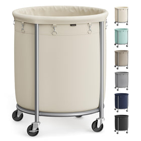 Songmics laundry basket with wheels shown during easy assembly for quick setup.