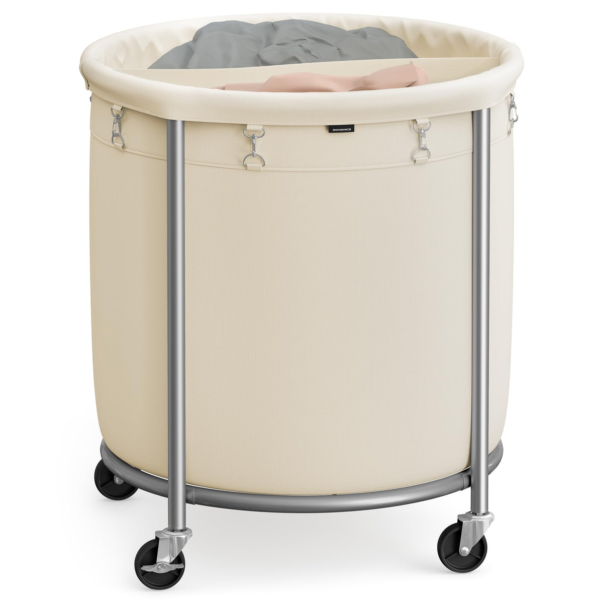 SONGMICS laundry basket with wheels in cream white, easy rolling for large loads.