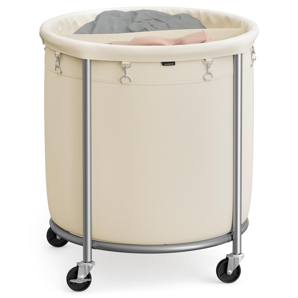 SONGMICS laundry basket with wheels in cream white, easy rolling for large loads.