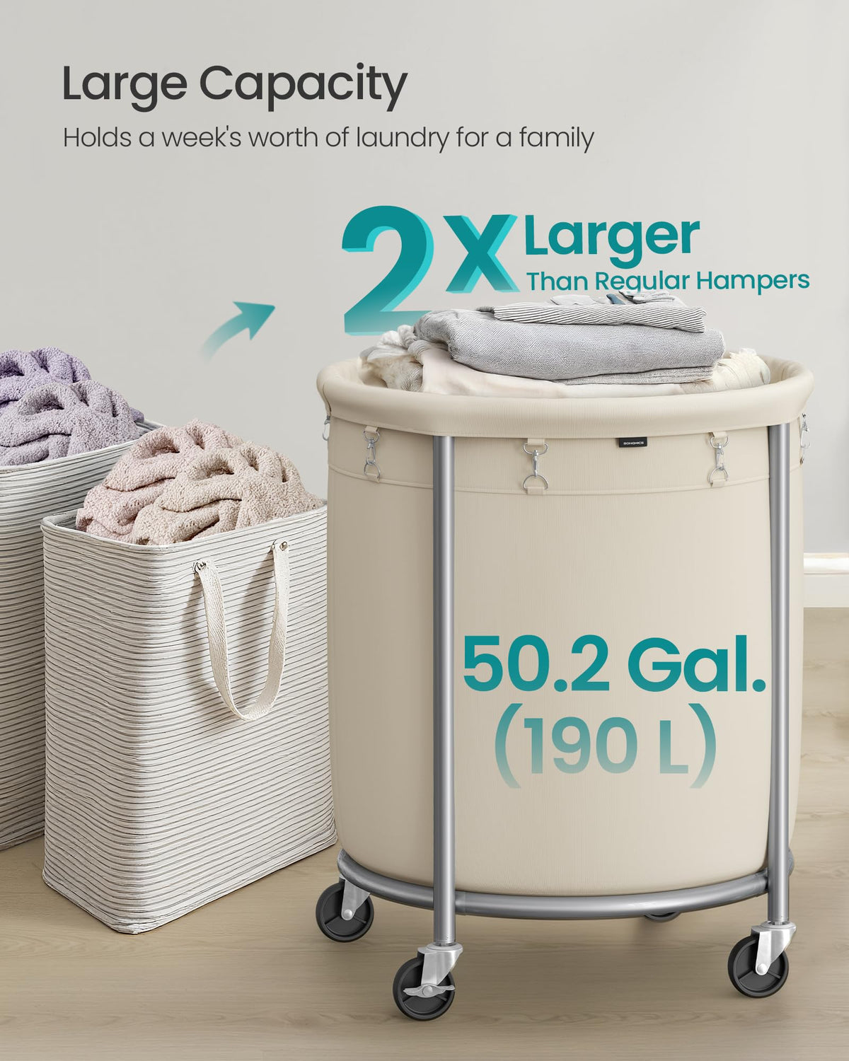 Songmics laundry basket with locking wheels stabilizes the unit after moving.