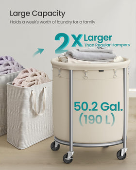 Songmics laundry basket with locking wheels stabilizes the unit after moving.