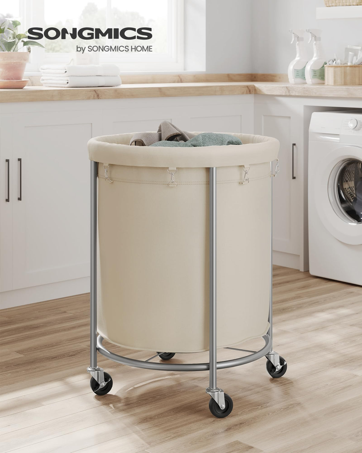 Songmics rolling laundry cart on smooth casters enables effortless transport.