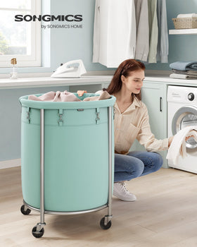 SONGMICS metallic silver steel-frame laundry cart shows sturdy construction