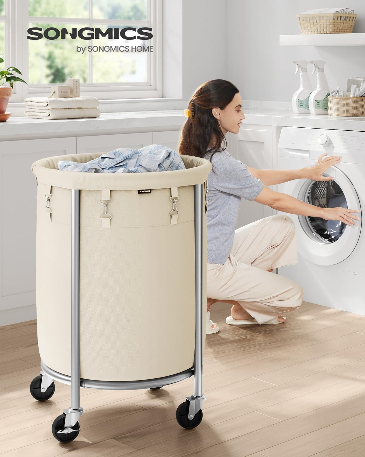 SONGMICS laundry cart with steel-frame design for durable, long-lasting use.