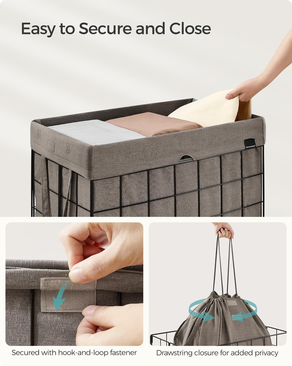 Folded SONGMICS hamper demonstrates compact storage in small spaces.