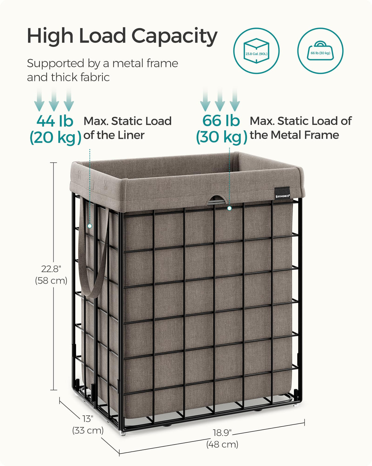 Sturdy handles on the SONGMICS hamper enable easy room-to-room carrying.
