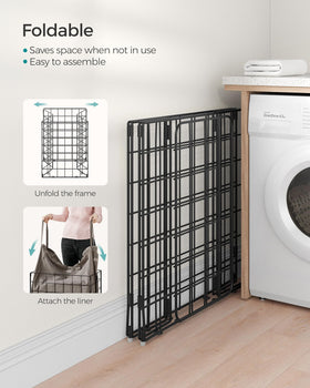 Hamper placed in bedroom or bathroom for neat laundry organization.