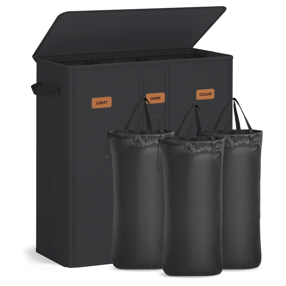 SONGMICS 3-compartment laundry hamper with lid for easy sorting and privacy.