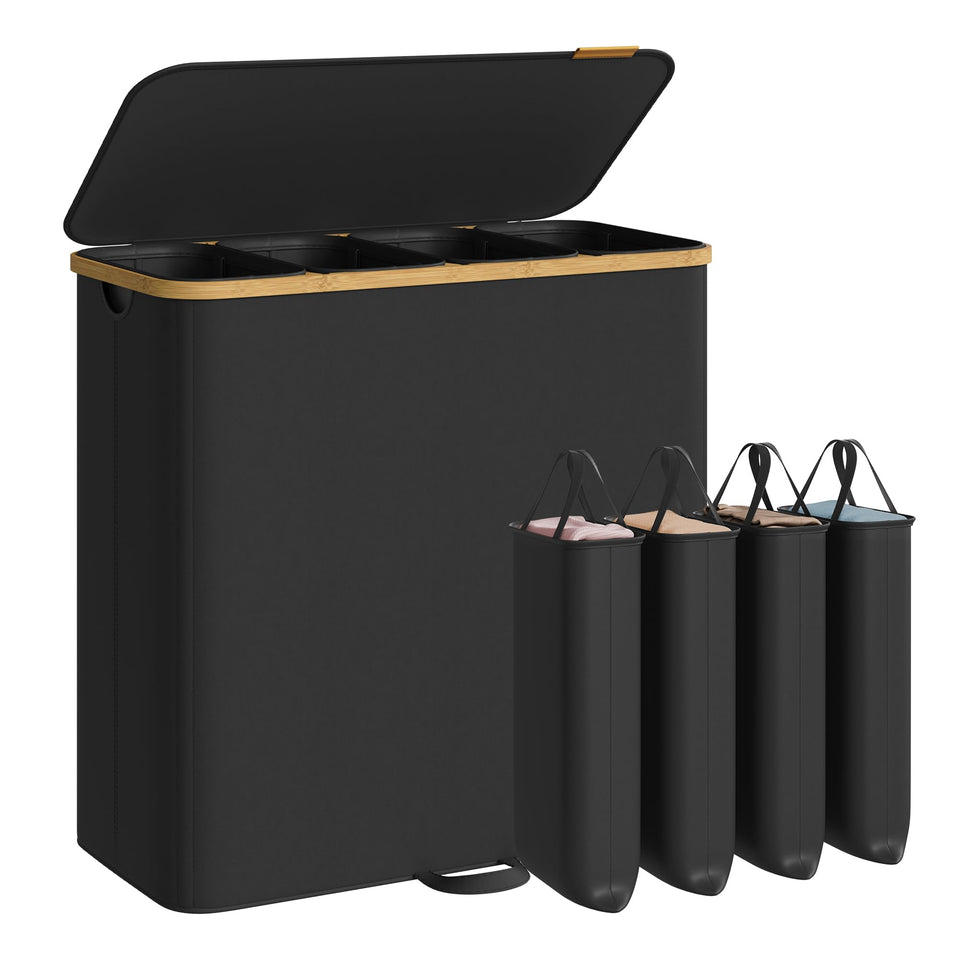 SONGMICS four compartment sorter supports simple color based laundry separation and tidy closet organization.