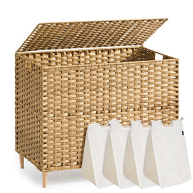 SONGMICS goose yellow four-section laundry hamper with lid for organized clothes.