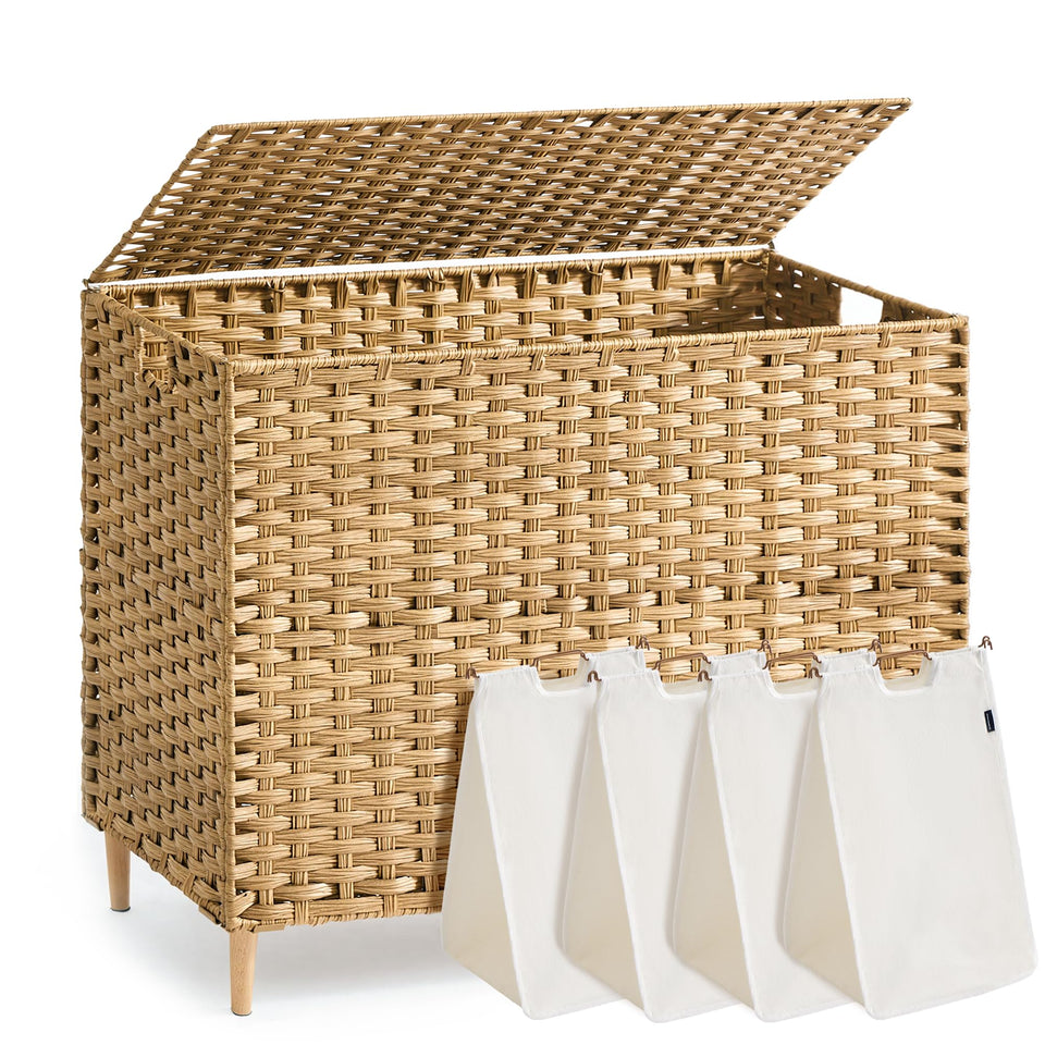 SONGMICS goose yellow four-section laundry hamper with lid for organized clothes.